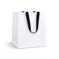 Пакет паперовий білий 19х28,5х18 см з стрічками 
