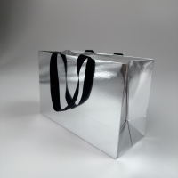 Пакет паперовий 32*21*13 см срібний фольгований, з стрічкою