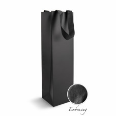 Пакет паперовий 12*43*11 см чорний  Emboss, з стрічкою під пляшку
